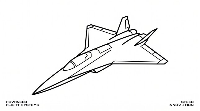 A clean, minimalist black and white line art vector graphic of a sleek, futuristic supersonic fighter jet, featuring corporate branding text "ADVANCED FLIGHT SYSTEMS" and "SPEED INNOVATION"