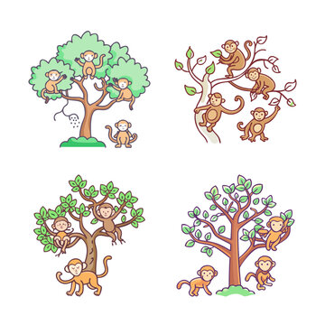 Cartoon animals playing in a forest setting - Four cartoon animals including squirrels and a monkey enjoying playful activities among trees in a cheerful forest scene.