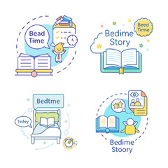 Naklejka premium Cartoon reading time activities for kids - Colorful cartoon icons showing bedtime reading routines and cozy story activities for children.