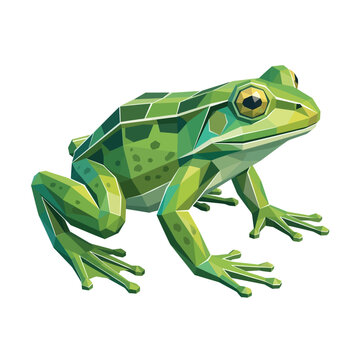Full body low poly illustration of a green frog in a geometric digital art style