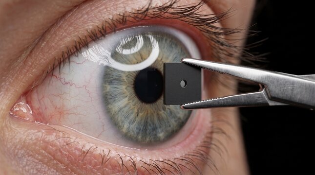 Pinzas sosteniendo micro-material negro frente al ojo