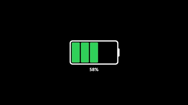 Digital illustration of a battery charging icon showing 58 percent capacity on a black background for editorial use