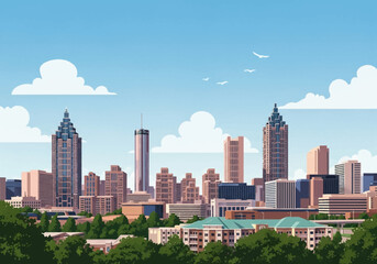 Obraz premium Atlanta, Georgia urban skyline illustration featuring iconic skyscrapers including Bank of America Plaza, Westin Peachtree Plaza, and Truist Plaza with green trees and a blue sky.