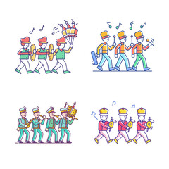 Fototapeta premium Colorful cartoon band playing music together - Vibrant cartoon characters in colorful outfits performing music as a lively band group.