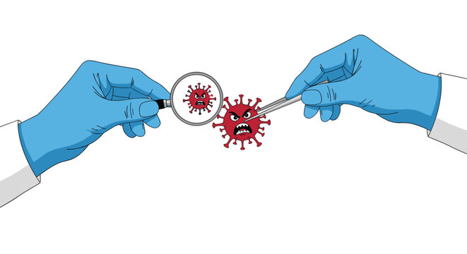 Medical hands in blue gloves using magnifying glass and tweezers to examine and fight against angry red virus characters.