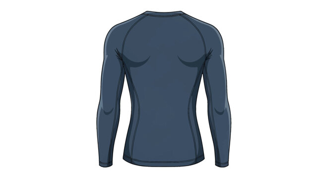 Back view of tight-fitting long-sleeve compression shirt in charcoal blue with raglan sleeves and flatlock stitching, technical athletic apparel vector illustration on white background.