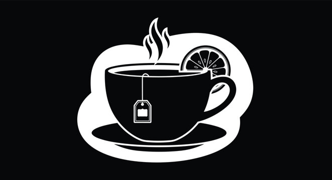 White silhouette of a steaming tea cup on a saucer with a tea bag and a slice of lemon against a black background.