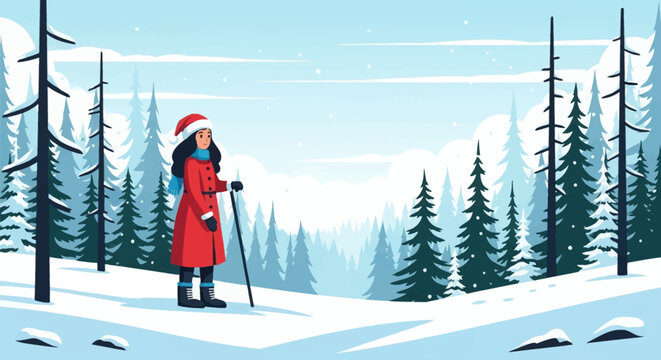 Vector illustration of a woman in a red winter coat, Santa hat, and blue scarf hiking with a trekking pole in a snow-covered evergreen forest under a bright blue sky with snowflakes.