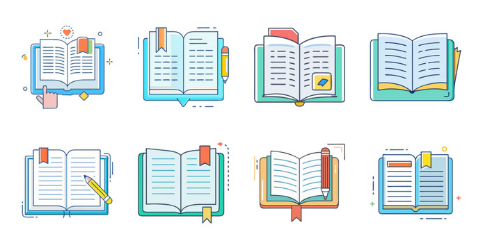 Colorful book icons with reading accessories - Bright vector icons of books, glasses, and tags in a flat design style for educational or digital use.