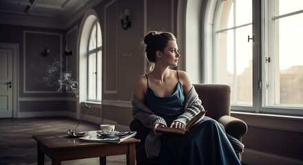 Fototapeta premium Woman sitting by window in elegant room interior