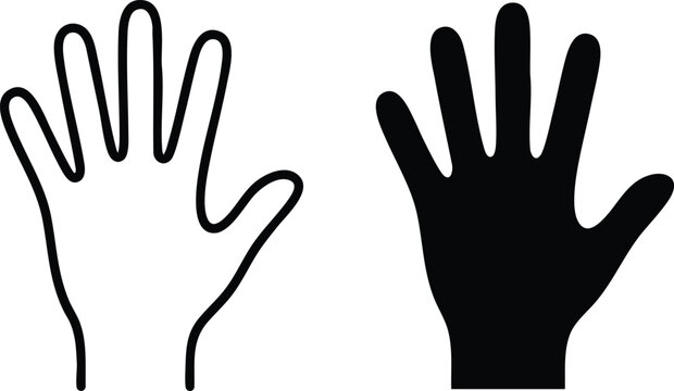 Minimalist human hand outline and solid black silhouette showing open palm and five fingers for design elements and gestures