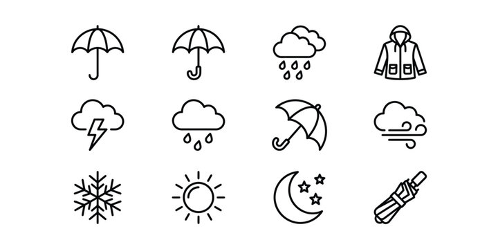 Set of simple outline weather and season icons.