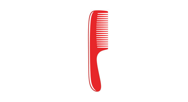 Simple red graphic icon of a hair comb with a handle and fine teeth isolated on a clean white background for beauty and grooming.