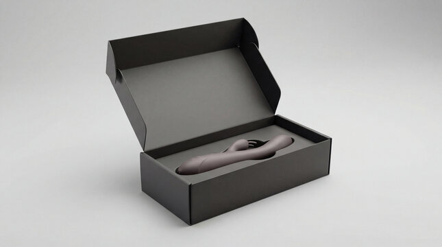 Personal wellness device displayed inside open black gift box with molded insert on grey studio surface for premium packaging self care technology intimate lifestyle concept discreet gift