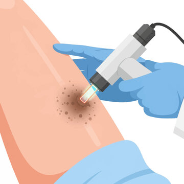 Vector illustration of a medical laser device being used by a professional in blue gloves to remove a brown pigmented birthmark or nevus from skin during a dermatology procedure.