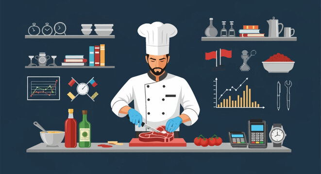 Vector illustration of a professional chef in a white uniform cutting raw beef steak on a cutting board in a kitchen with charts, kitchenware, and electronic payment terminals.