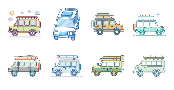 Colorful cartoon school buses driving in a row - Bright and cheerful cartoon school buses in blue, green, and yellow driving in a playful, orderly line.