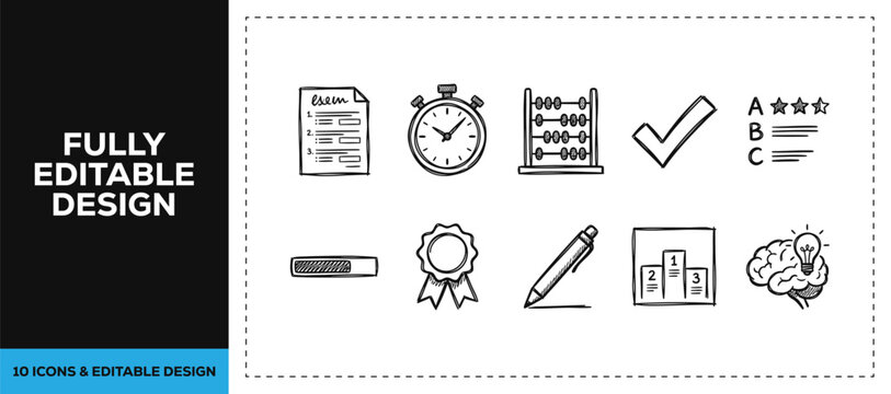 Black ink scribble time management and clock routine icon set bundle featuring hand drawn doodle sketch vector illustrations for productivity workspace and business office design.