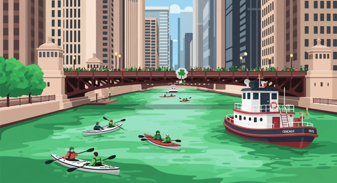 St. Patrick's Day vector illustration of Chicago River dyed emerald green with kayakers, a tour boat, and spectators on a bridge framed by downtown city skyscraper buildings.