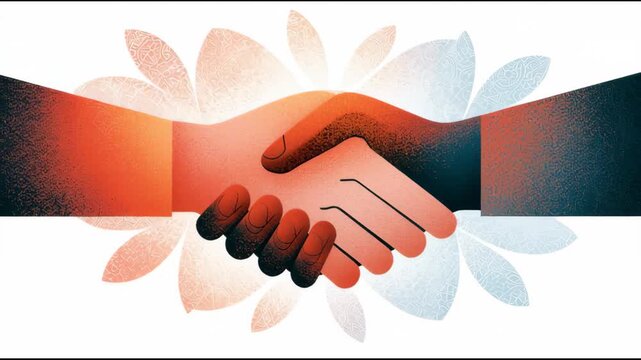 Hands of different cultures join together in a gesture of friendship and collaboration surrounded by a colorful background.