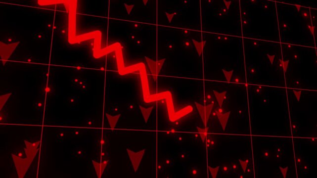 A professional trader analyzes a falling stock market chart with candlestick patterns on a digital screen, indicating loss and volatility