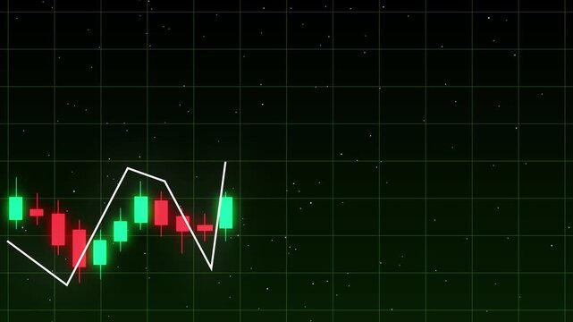 Professional trader analyzing stock market chart with candlestick patterns and technical indicators on a digital screen for investment