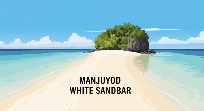 Vector illustration of the Manjuyod White Sandbar in Bais City, Negros Oriental, Philippines, featuring clear turquoise water, white sand beach, and a small rocky islet with green trees.