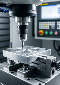 A computer numerical control milling machine drills a hole into a square metal block clamped in a vise on a workbench in a factory workshop