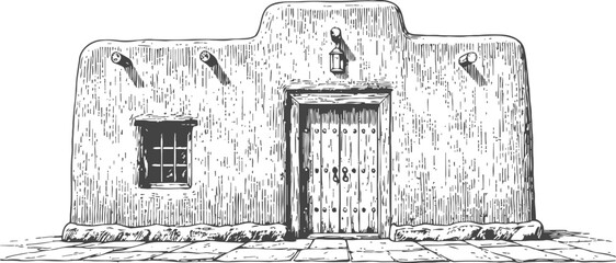 Fototapeta premium adobe building exterior with wooden door and window engraved illustration