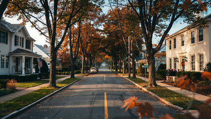 Obraz premium Suburban street with trees, houses, and a car on a sunny autumn day