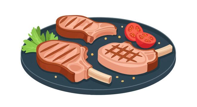Vector illustration of three grilled pork chops with grill marks served on a black plate with sliced red tomatoes and green parsley garnish, isolated on a white background.