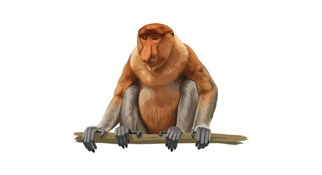 Vector illustration of a male Proboscis monkey (Nasalis larvatus) sitting on a wooden branch. Endemic Borneo primate with distinctive long nose and reddish fur isolated on white background.