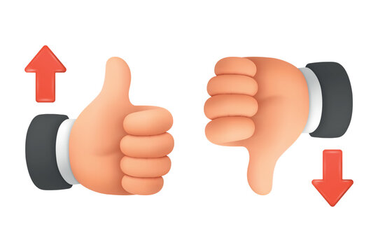 Vector 3d Cartoon Thumbs Up And Thumbs Down. Like and Dislike Hand Gestures Isolated. Approval and Rejection Symbols with Up and Down Arrows. Rating Feedback Design