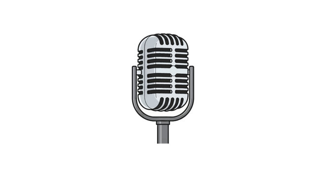 Silver vintage retro dynamic microphone icon with metallic chrome finish on a small stand, isolated on a white background for broadcasting, podcasting, studio recording, and music production.