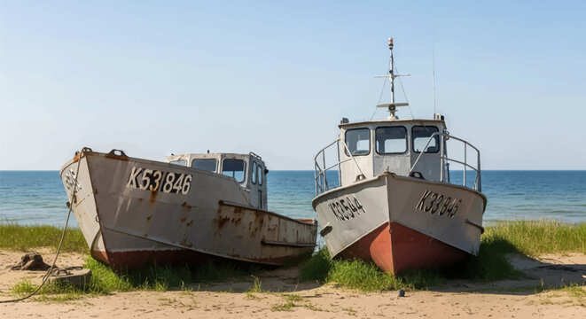 Two weathered rusty metal fishing boats with registration numbers K53 846 and K33 845 beached on a sandy shore with coastal grass under a clear blue sky by the calm sea water.