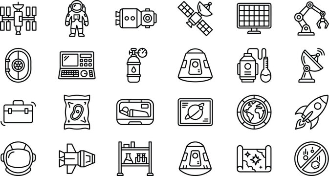 Space station line icon set vector astronaut technology aerospace engineering elements for science app UI