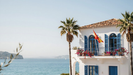 Fototapeta premium White mediterranean house with blue shutters, balcony flowers, and spanish flag by the sea