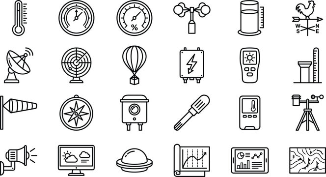  Weather station line icon set vector meteorology instruments climate forecasting elements app UI