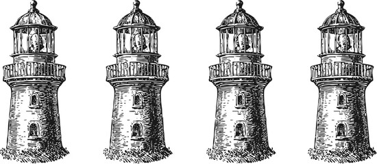 Obraz premium vintage lighthouse illustrations antique nautical towers with lantern rooms detailed line art