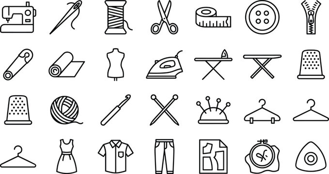  Sewing line icon set vector tailoring craft elements for handmade fashion dressmaker app UI