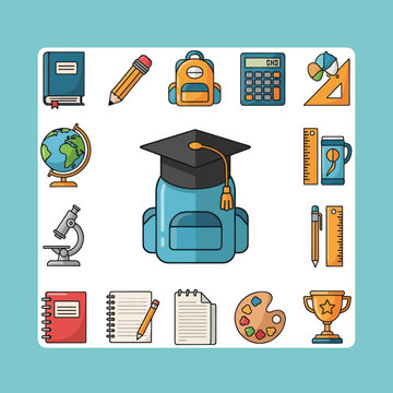 School Supplies and Graduation Cap Icon Set