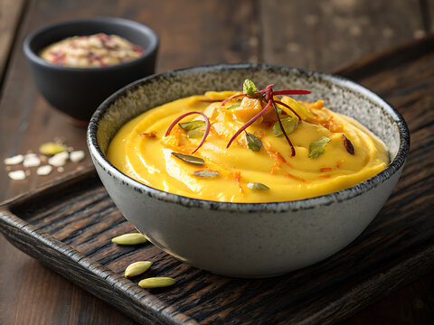 Mango shrikhand in modern ceramic bowl, premium dessert advertising