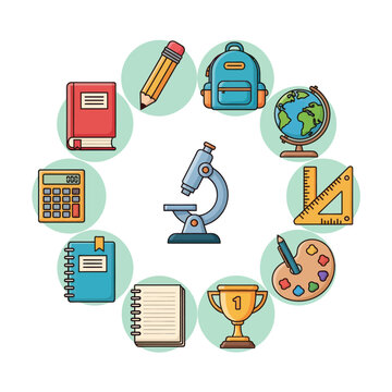 School Supplies Arranged in Circle with Microscope at Center