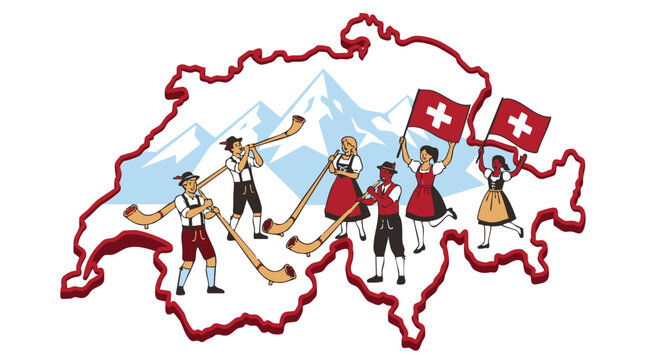 Swiss Traditional Folk Dancing Illustration with Mountain Background
