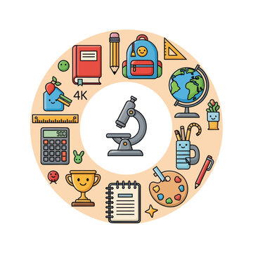 School Supplies Circle - Back to School, Education, Learning and Study Icons