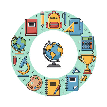 School Supplies Circular Arrangement: Education, Learning, and Creativity Icons