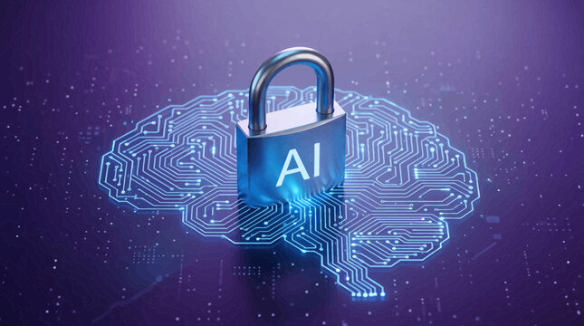 Artificial intelligence concept with a padlock on a circuit board brain background representing secure AI technology and data protection in a futuristic design