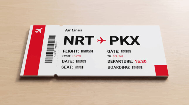 Detailed vector illustration of airplane ticket on wooden background with red accents and barcode for travel from Tokyo to Beijing