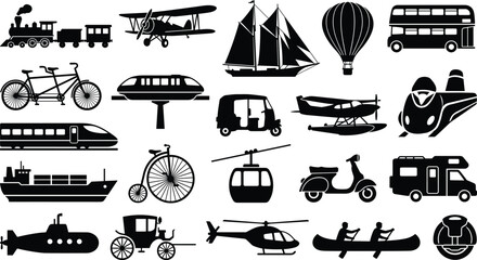 Transportation and Travel Vehicle Silhouette Icon Set Collection for Mobility Design © meftahul creatives
