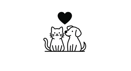 Fototapeta premium Minimalist line art illustration of a cat and a dog sitting together peacefully under a simple black heart symbol of friendship.